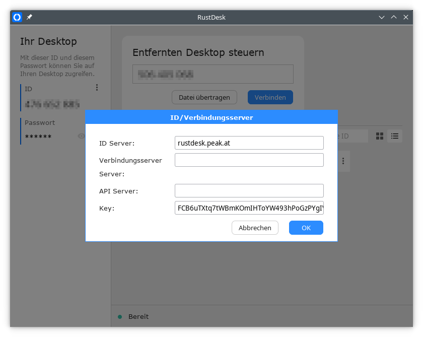 "Server" und "Key" setzen